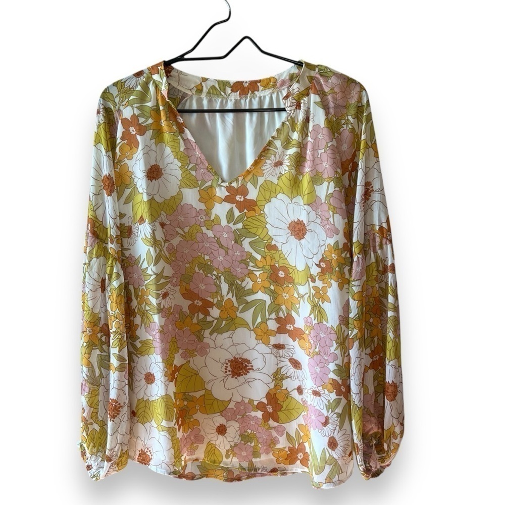 Women Casual Boho Blouse Fashion Floral Yellow V Neck Long Puff Sleeve Medium